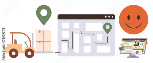 Forklift moving packages, digital route map with pins, computer monitor, and smiling emotion. Ideal for logistics, delivery, inventory, transport customer service technology planning. Simple flat