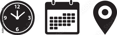 Clock calendar location icons for planning scheduling and navigation on vector