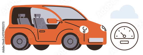 Orange compact car in profile view next to a simple speedometer icon and soft cloud backdrop. Ideal for transport, eco-friendly mobility, speed, efficiency, technology, urban living, simple flat