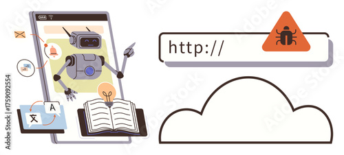 Robot engaging in language translation, book-based learning, and internet analytics alongside a browser bug warning. Ideal for learning, AI, cybersecurity, cloud computing, automation, education