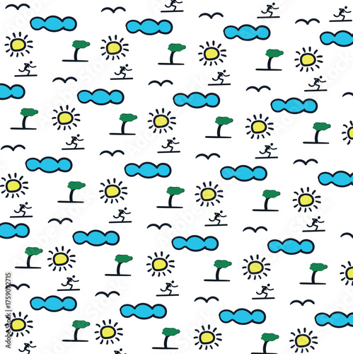Art on the theme of travel and weather, featuring a cloud, sun, bird, person, and tree.