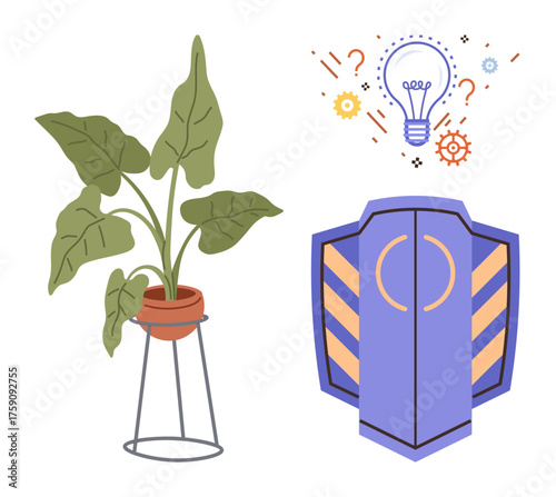 Potted plant symbolizing growth, lightbulb for creativity, and shield as protection. Ideal for innovation, sustainability, security, growth, creativity, eco-consciousness simple flat metaphor