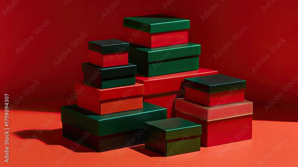 Fototapeta premium Colorful Stack of Gift Boxes in Red and Green for Holiday Celebrations