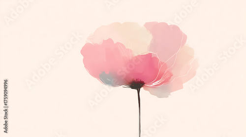A pink flower with a stem is painted on a white background