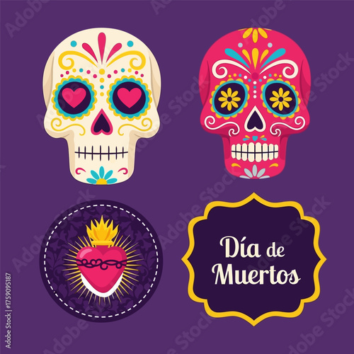 Design of dia de muertos badge collection vector illustration
