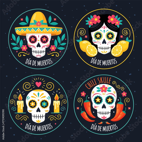 Design of dia de muertos badge collection vector illustration