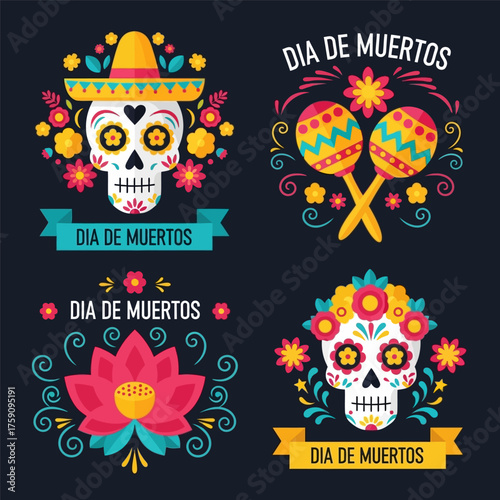 Design of dia de muertos badge collection vector illustration