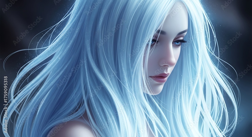 Fototapeta premium Mysterious Woman with Flowing Blue Hair and Piercing Gaze.