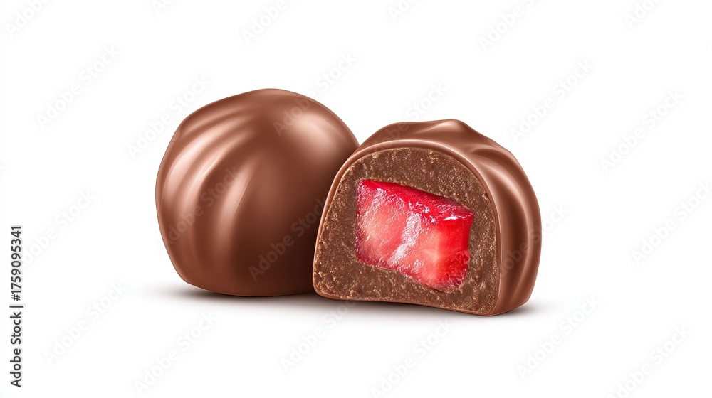 Obraz premium Glossy chocolate bonbons with bright red strawberry fruit filling