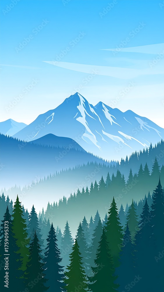 Fototapeta premium An illustration of a mountainous landscape with varying shades of blue and green. Lush evergreen trees cascade down the ridges toward the foreground