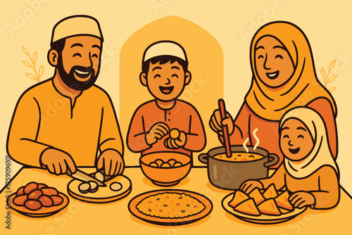 Happy muslim family preparing food together for a meal