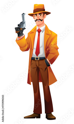 Private investigator man holding a pistol gun. Detective character, ready for action. Vector cartoon illustration