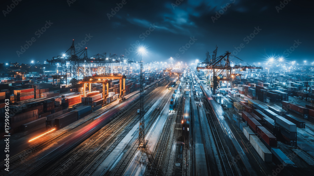 Fototapeta premium Top eyes view Smart Innovation connection cyber security Container truck in ship port for business Logistics transportation of Container Cargo ship Cargo plane with working crane bridge in shipyard
