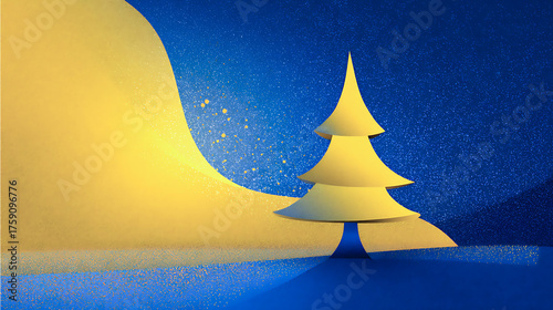 Stylized Christmas tree in golden tones against a deep blue background. Copy space.