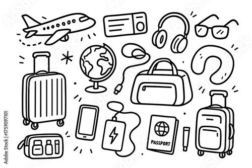 Travel essentials doodles including luggage, airplane, and passport  