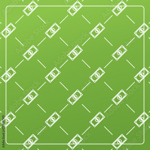 Seamless pattern on a green background with dollar bill icons. Line design for posters, social media, and banner templates.
