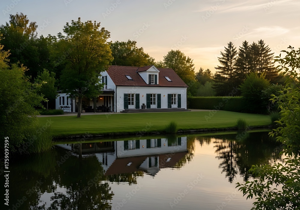 Fototapeta premium Idyllic countryside home reflecting serene water, showcasing tranquil nature