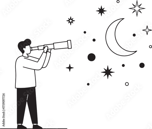ine Art Vector of Man Observing the Crescent Moon and Stars