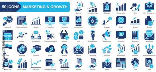 Marketing and growth collection icon set. Start up, Strategy, Growth, Online shop, Innovation, Chart, analytics, Target earnings. Simple flat vector