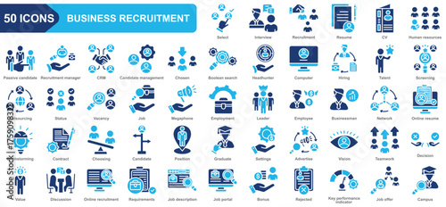 Business recruitment collection icon set. Interview, Recruitment, Resume, Cv, Passive candidate, Recruitment manager, Crm, Chosen, Status. Simple flat vector.