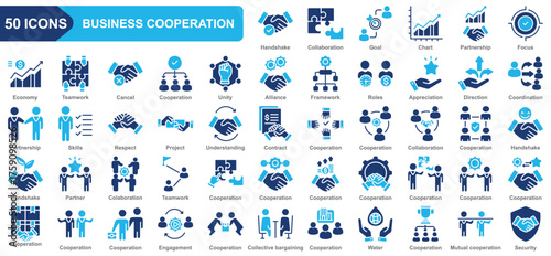 Business cooperation collection icon set. Handshake, Coolaboration, Partnership, Focus, Economy, Teamwork, Coordination, Understanding. Simple flat vector.