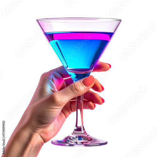 Hand Holding Martini Glass with Blue and Pink Cocktail and Neon Glow drink