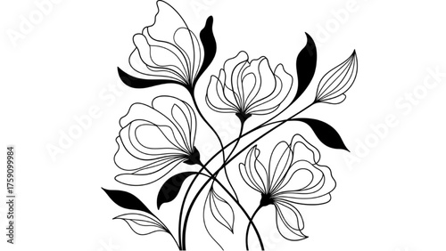 Modern Black Line Abstract Floral Art – Minimalist Composition with Organic Flower Shapes and Artistic Design