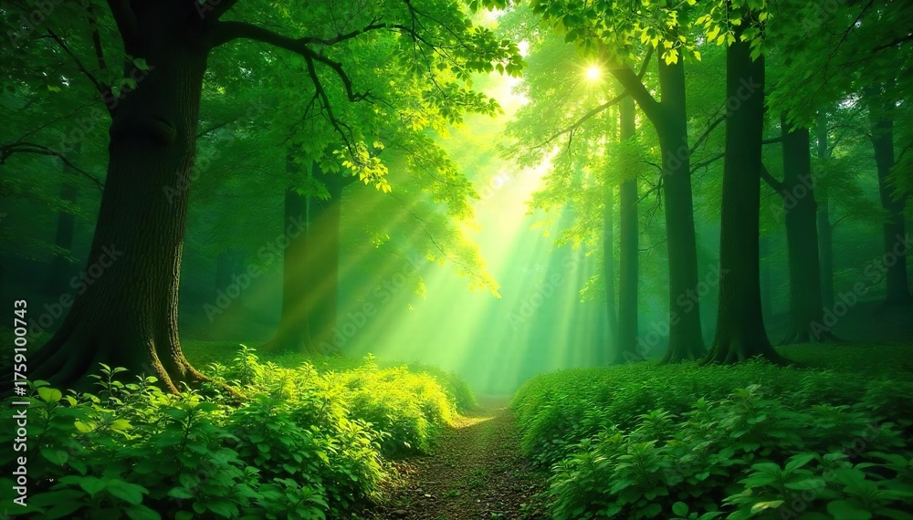 Obraz premium Magical Sun-Dappled Forest Lush Green Canopy, Dappled Sunlight Filtering Through Leaves, Creating a Whimsical Atmosphere Perfect for Fantasy, Nature, and Environmental Projects
