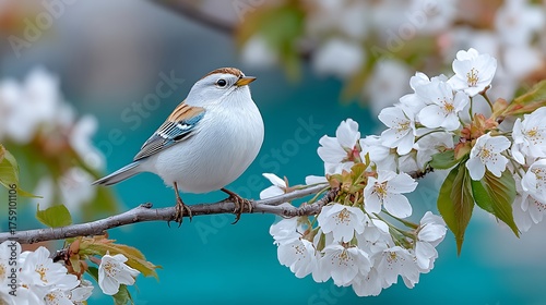 White Bird on Blooming Branch in Spring Nature Soft Light with Cherry Blossom Background