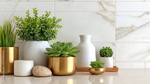 Elegant White Marble Background with Greenery and Decorative Pots for Home Decor