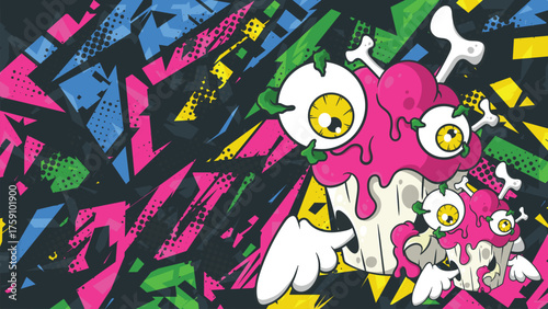 Crazy Skull Cupcake Graffiti Vector Background