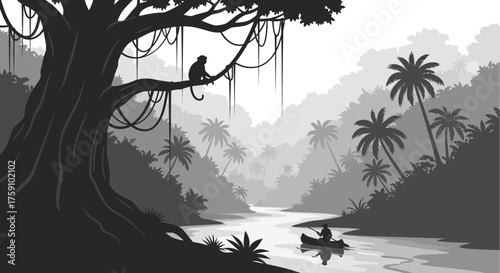 A serene grayscale illustration of a man canoeing down a river through a lush jungle with a monkey perched in a tree.