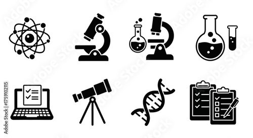 A collection of science-related icons including an atom, microscope, flasks, laptop, telescope, DNA strand, and clipboards.