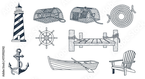 Nautical themed vector illustration featuring a lighthouse, lobster traps, rope, ship's wheel, dock, anchor, boat, and Adirondack chair.
