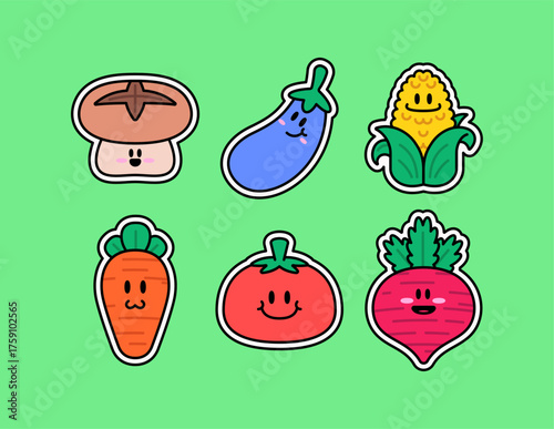 Set of icon cute smiling vegetables including mushroom, eggplant, corn, carrot, tomato, and beetroot vector cartoon mascot illustration, for food, organic, farming, healthy lifestyle
