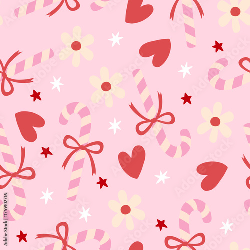Candy Cane Seamless Pattern Cristmas on pink background for romantic festive design.