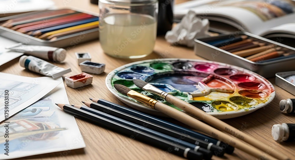 Obraz premium Artistic Workspace with Paint Palette, Brushes, and Sketching Supplies.