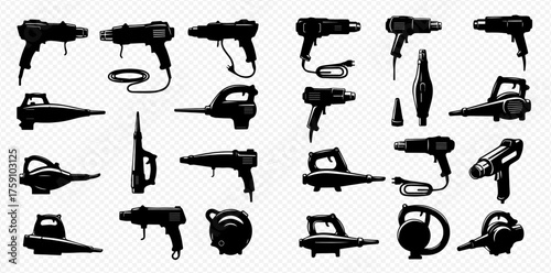 An array of silhouettes of power tools, including drills and leaf blowers.