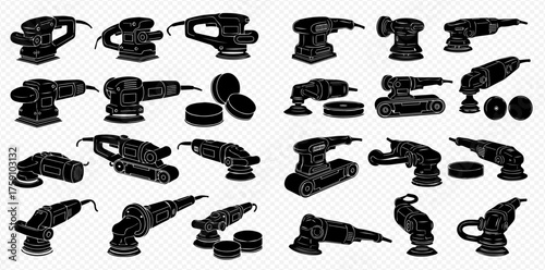 Silhouetted collection of orbital sanders, showcasing various designs and styles.