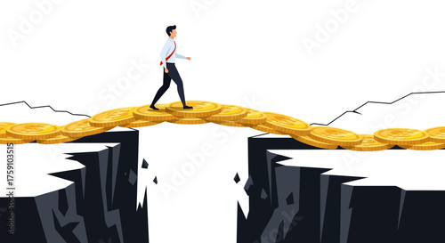 Businessman walking on a bridge made of gold coins over a chasm, financial concept