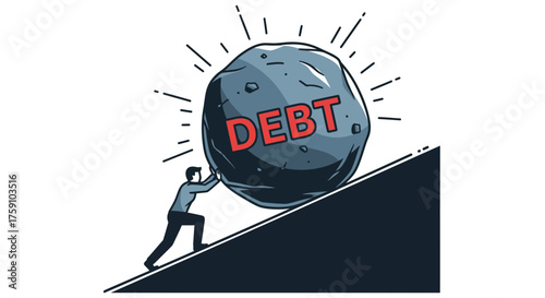 Man struggling to push a heavy debt boulder uphill, symbolizing financial burden and challenges