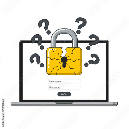 Laptop screen displays broken lock with question marks indicating security breach or password problem