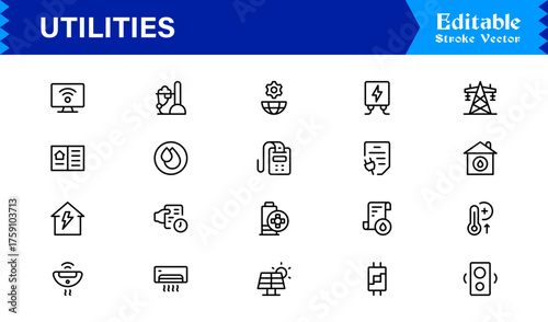 Modern Utilities Line Icon Pack with Professional Minimal Design, Unique Vector Outline Set Featuring Essential Household, Energy, and Maintenance Symbols for Premium Projects
