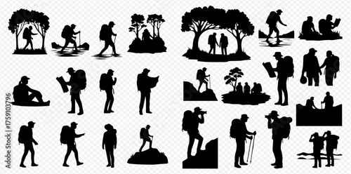 Silhouettes of hikers in various poses, including walking, reading maps, taking photos, and enjoying the scenery.