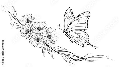 Graceful Black Line Art Butterfly with Blooming Flowers – Elegant Illustration Symbolizing Growth and Transformation