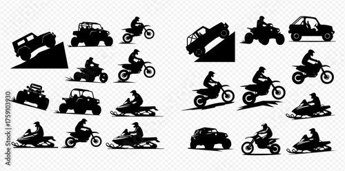 Silhouetted off-road vehicles, including ATVs, motorcycles, snowmobiles, and cars, in a dynamic composition.