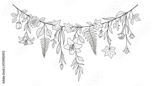 Elegant Black Line Floral Garland – Hanging Flowers and Leaves for Decorative Headers, Frames, and Borders