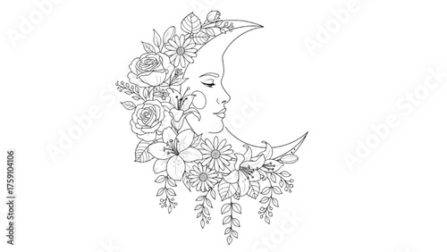 Artistic Black Line Crescent Moon with Flowers – Elegant Illustration Symbolizing Feminine Energy and Nature’s Balance