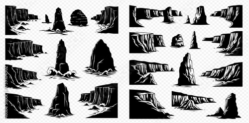 Foto Monochrome vector illustration of coastal cliffs and rock formations, suitable for backgrounds or design elements