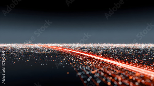 Vibrant red light streaks through an abstract digital landscape glittering data particles, symbolizing rapid technological advancement global connectivity.